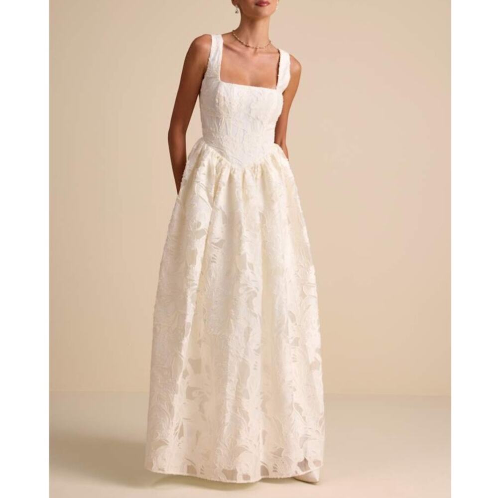 Lulus Bridal Corsen Ivory Floral Jacquard Corset A-Line Maxi Dress Wedding Gown